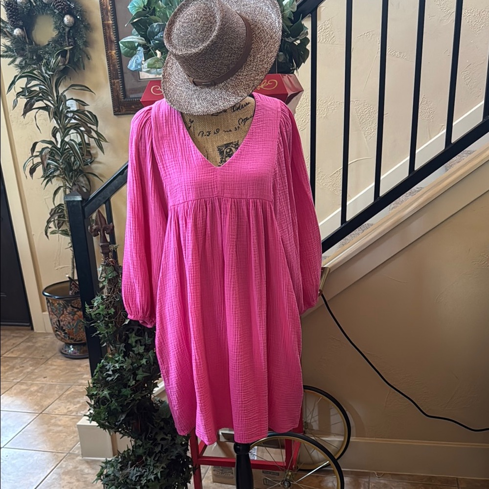 Pink Smocked V-Neck Sundress with Bishop Sleeves